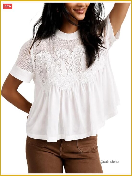 Tops - Boho Lace Short Sleeve Blouse Mesh Swing Top Crew Neck Loose Flowy Shirt